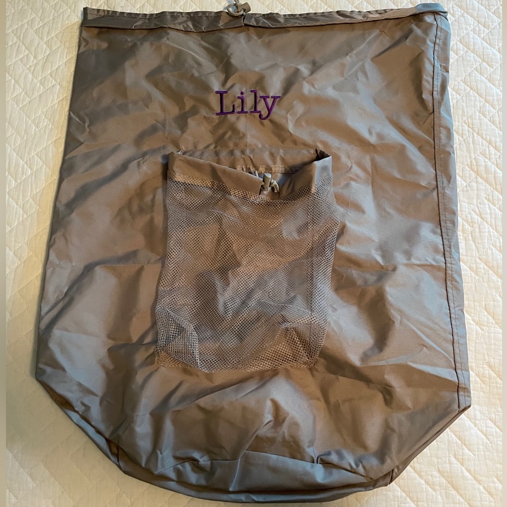NWT Embroidered Grey Backpack Laundry Bag